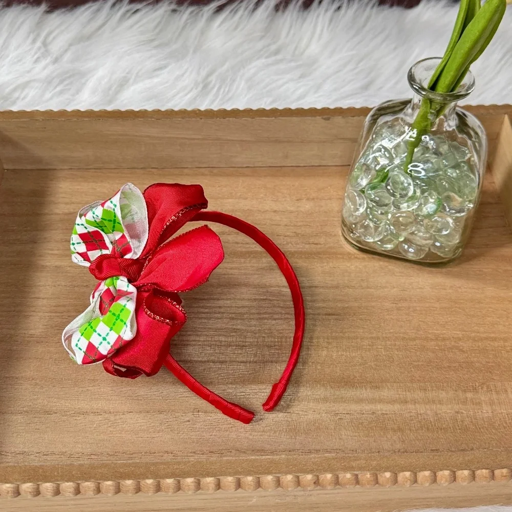 Girls Red‎ & Green Argyle Christmas Bow Headband | Layered Bow Headband
